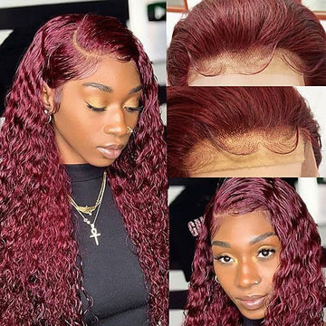 Neobeauty Hair 13x4 Colored Wig Deep Wave Human Hair Wigs 99J Color Pre Plucked Burgundy Lace Wig